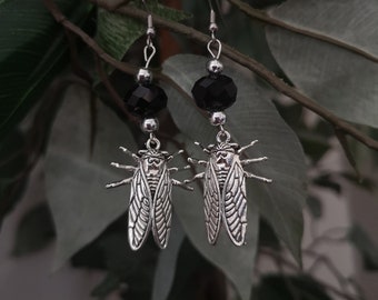 Cicada Earrings with Black Crystals / Upcycled Eco-Friendly Earrings / Insect Earrings / Gothic Earrings / Whimsigoth Bug Earrings