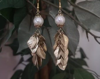 Upcycled Earrings with White Pearls and Golden Leaves / Bohemian Earrings / Elegant Dangle Earrings / Party Earrings / Hypoallergenic Hooks