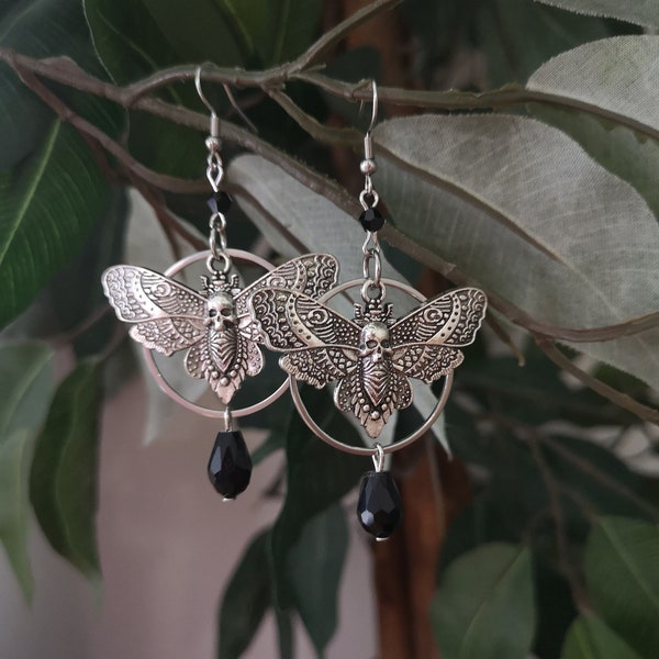 Death Head Moth Earrings / Gothic Earrings with Black Crystals / Skull Pendant Earrings / Circle Earrings / Pagan Jewelry / Witchy Earrings