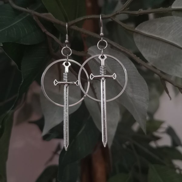 Dagger Earrings / Silver Circle and Sword Earrings / Hypoallergenic Earrings / Gothic Earrings / Witchy Earrings / Antique Sword Jewelry