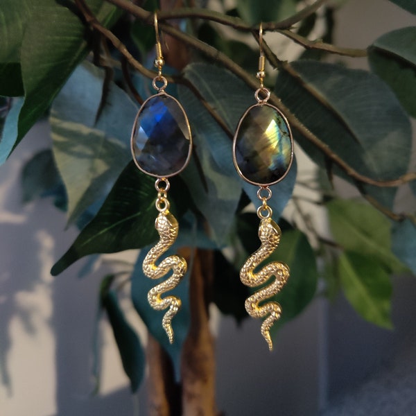 Labradorite Snake Earrings / Flash Labradorite Jewelry / Gold Snake Earrings / Hypoallergenic Earrings / Bohemian Statement Earrings