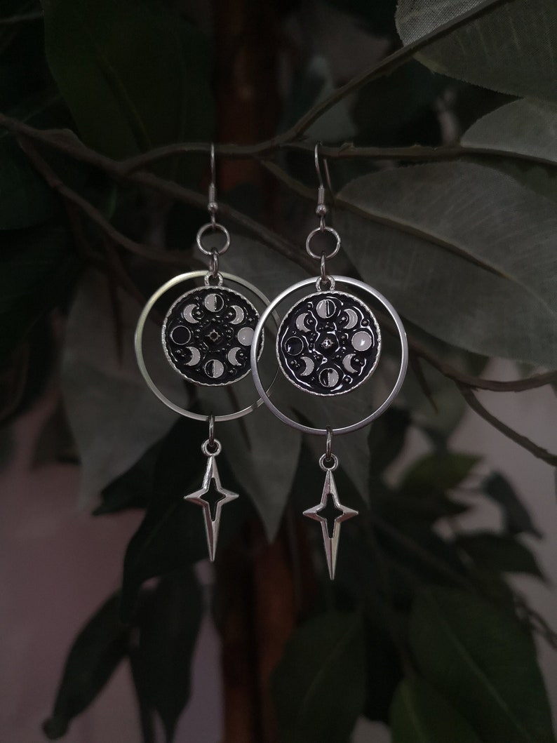 Moon Phase Earrings / Celestial Earrings / Witchy Moon and Stars Jewelry / Gothic Black & Silver Moon Earrings / Y2K Grunge Earrings image 1