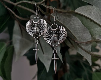 Queen of Egypt Earrings / Scarab and Sword Earrings / Ancient Egypt Inspired Jewelry / Ethnic Winged Scarab Earrings / Gothic Earrings