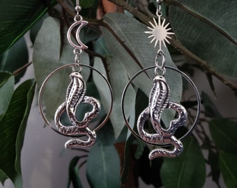 Sun & Moon Snake Earrings / Cosmic Serpent Earrings / Mismatched Statement Earrings / Celestial Earrings / Silver Snake Moon Earrings