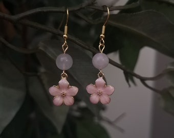 Sakura Earrings with Rose Quartz / Pink Cherry Blossom Earrings / Cute Flower Earrings / Floral Jewelry / Japanese Style Kawaii Earrings