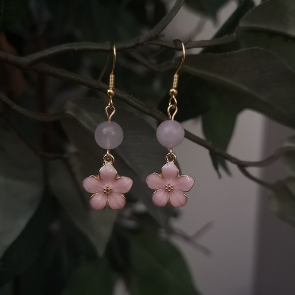 Sakura Earrings with Rose Quartz / Pink Cherry Blossom Earrings / Cute Flower Earrings / Floral Jewelry / Japanese Style Kawaii Earrings