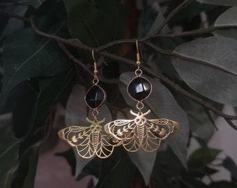Skull Moth Earrings with Black Agate / Gold & Black Earrings / Moonphase Moth / Lunar Moth Jewelry / Whimsigothic Style / Witchy Earrings