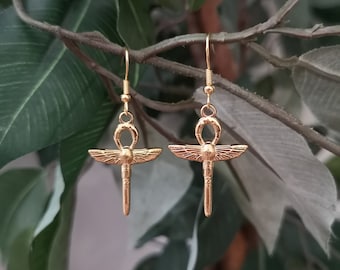 Winged Scarab Ankh Earrings / Gold-Plated Stainless Steel Earrings / Egyptian Ehnic Earrings / Ancient Egypt Inspired Jewelry
