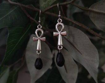Ankh Earrings with Black Crystal Drops / Ancient Egypt Inspired Earrings / Mythical Symbolic Jewelry / Gothic Ankh Cross Earrings