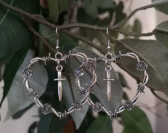 Barbed Wire Heart Sword Earrings / Barbed Wire and Roses / Y2K Grunge Earrings / Gothic Dagger Earrings / Alternative Punk Style Jewelry