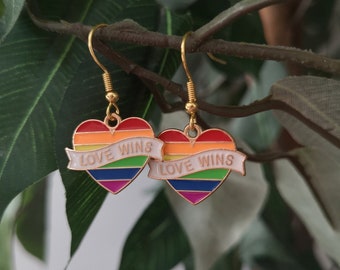 Love Wins Earrings / Pride Flag Heart Earrings / LGBTQ+ Earrings / Rainbow Heart Earrings / Queer Gift / Hypoallergenic Earrings