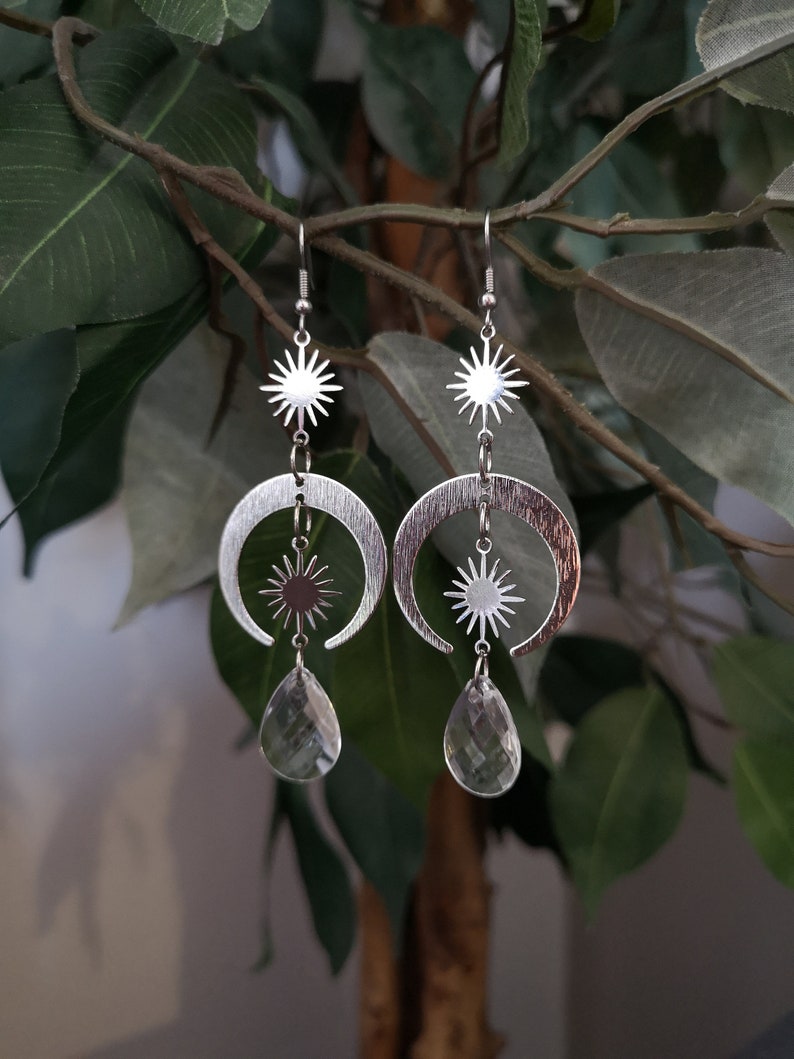 Sun & Moon Earrings / Crescent Moon / Celestial Earrings / Witchy Statement Earrings / Pagan Jewelry / Wiccan / Gift For Her / Ethnic Style image 1