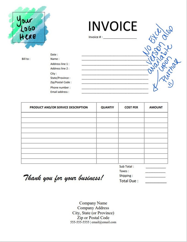 printable invoice template with excel add in for easy etsy