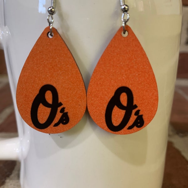 1.5" Lightweight Wood Teardrop Earrings | Handmade |Wood Earrings | Baltimore| Orioles | Orange Glitter | Baseball | MLB