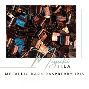 May include: A close-up image of a pile of dark metallic iridescent beads. The beads are square shaped and have a dark raspberry color with a blue and green iridescent sheen. The beads are labeled "Miyuki Tila Metallic Dark Raspberry Iris".