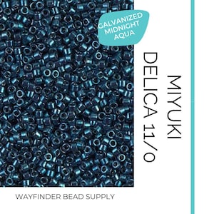 May include: A close-up image of a large quantity of teal blue Miyuki Delica 11/0 seed beads. The beads are galvanized and have a midnight aqua finish. The text "GALVANIZED MIDNIGHT AQUA" is visible in a white circle on the image. The text "MIYUKI DELICA 11/0" is visible in white on a black background. The text "WAYFINDER BEAD SUPPLY" is visible in white on a black background.