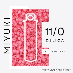 May include: Pink Miyuki Delica seed beads in a 7.2 gram tube. The image features a close-up of the beads, with the text "11/0 Delica" and a white outline of a tube. The Wayfinder Bead Supply logo is at the bottom.