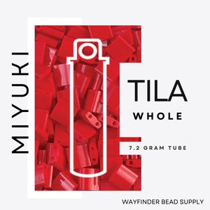 May include: A red Miyuki Tila whole bead tube, containing 7.2 grams of red beads. The tube is labeled "Tila Whole" and "7.2 gram tube". Wayfinder Bead Supply is printed at the bottom of the image.