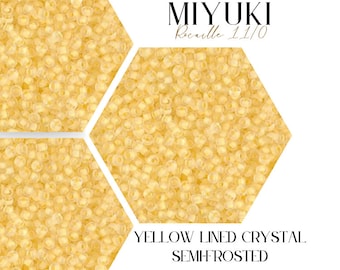 May include: Close-up of a large quantity of small, translucent yellow seed beads. The beads are Miyuki brand, size 11/0, and described as "Yellow Lined Crystal Semi-Frosted". The text "Wayfinder Bead Supply" is also visible.