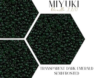 May include: A close-up image of dark green Miyuki seed beads, size 11/0, with a semi-frosted finish. The beads are arranged in a hexagonal pattern, creating a textured surface. The text "TRANSPARENT DARK EMERALD SEMI-FROSTED" is visible below the beads. The text "WAYFINDER BEAD SUPPLY" is visible at the bottom of the image.