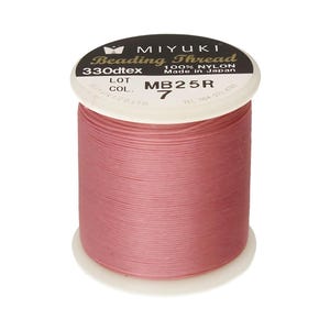 May include: A spool of pink Miyuki Beading Thread, 330dtex, 100% nylon, made in Japan. The spool is labeled MB25R, lot 7.
