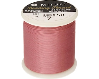 May include: A spool of pink Miyuki Beading Thread, 330dtex, 100% nylon, made in Japan. The spool is labeled MB25R, lot 7.