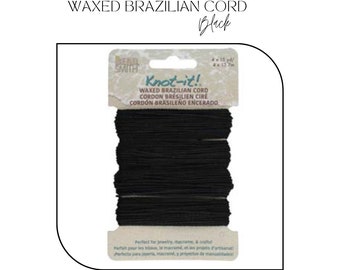 May include: Black waxed Brazilian cord, Knot-it! brand, 4 x 15 yards (4 x 13.7 meters), perfect for jewelry, macrame, and crafts.  The cord is wound around a cardboard spool.
