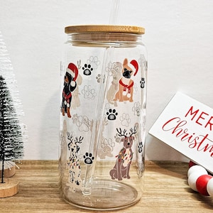 Vaso de cristal con forma de perro de Navidad, perros de Papá Noel, vaso con luces navideñas, lata de cristal para café helado de 16 oz, cristalería navideña, regalo para amantes de los perros, Frenchie