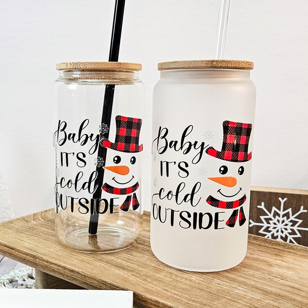 Baby Its Cold Outside Glass Cup, Snowman Coffee Cup, Iced Coffee Glass Can with lid and straw, Trendy Coffee Glass, Winter Snowflake Tumbler