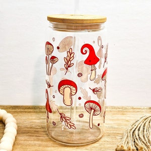 Retro Mushroom Glass Can, Magical Mushrooms, Retro Boho Tumbler, 16 oz Iced Coffee Glass, Cottagecore Gifts for Her, Trendy Cute Glass Cups