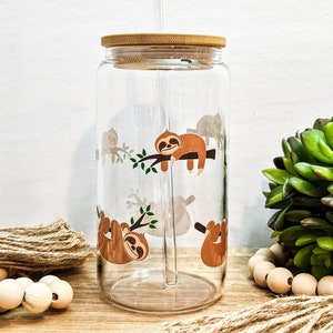 Sloth Iced Coffee Glass Cup, 16 oz Tumbler with Lid and Straw