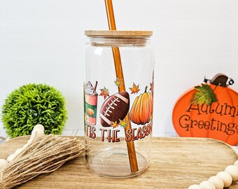 Fall Iced Coffee Glass Tumbler, Game Day Beer Can Cup