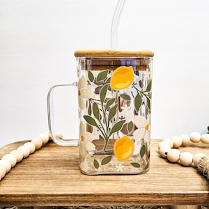 Floral Lemon Glass Cup, 20 oz Glass Cup, 20oz Square Mug, Lemon Tumbler, Cute Coffee Cups, Gift for Friend, Lemon Leaves, Glass With Handle
