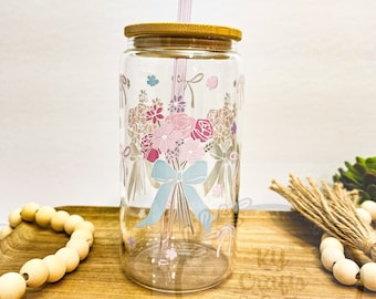 Coquette Glass Cup, Pink Bow Tumbler, Soft Girl Era, Balletcore, Grand Millennial, Iced Coffee Glass Can, Gift for Mother's Day, Pink Flower