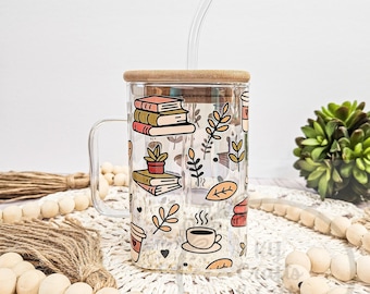 Bookish Plant Lover Glass Cup, Iced Coffee Tumbler (20 oz)