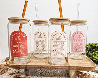 Cold Brew Coffee Cup, Coffee Beer Can Glass With Lid and Straw, Aesthetic Coffee Mug, Gift for Coffee Lover, Cute Iced Coffee Glass Tumbler