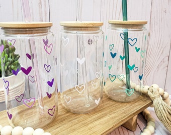 Mini Hearts Iced Coffee Glass, Libbey Beer Can Glass Cup, Aesthetic Iced Coffee Cup with lid and straw, Gifts under 30 for Iced Coffee Lover