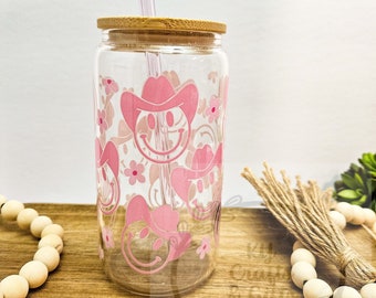 Vaso de cristal con forma de sombrero de vaquero rosa, vaso con forma de lata de cerveza helada con diseño floral de vaquera