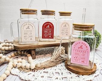 Square Glass Coffee Mug, Bamboo Lid and Straw, Cold Brew Label