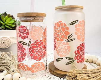 Peonies Iced Coffee Glass Tumbler with Bamboo Lid, Floral Glass Can