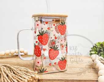 Strawberry Flowers Glass Cup, Square Mug with Lid and Straw