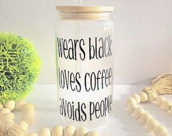 Iced Coffee Glass Cup with Lid, Wears Black Loves Coffee Avoids People Mug, Aesthetic Coffee Cup, Christmas Gift for her, Beer Can Glass