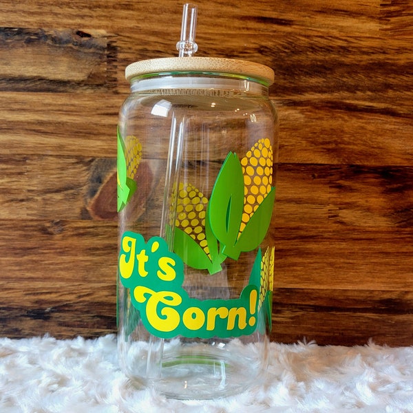 It's Corn Glass Can, I Just Love Corn Beer Can Glass, Trendy Corn Tumbler, Funny Corn Cup, Retro Libbey Beer Can Glass Bamboo Lid and Straw