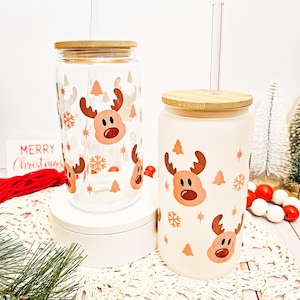 Rentier-Glastasse, Weihnachts-Eiskaffeeglasdose, Weihnachtsfeiertags-Tasse, Weihnachtsgeschenk für sie, Winter-Schneeflocken, 16 Unzen dosenförmiges Glas