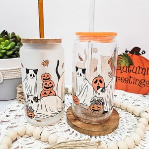 Halloween Black Cat Beer Can Glass, Cute Ghost Cat Cup, Spooky Season Coffee Mug, Fall Coffee, Gift for Cat Lover, Trendy Iced Coffee Cup