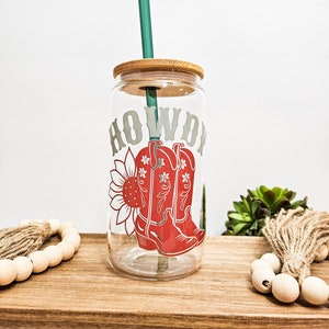 Howdy Glass Cup, 16 oz Iced Coffee Beer Can Glass, Country Western, Floral Cowboy Boots, Nashville Cup, Cowgirl Bachelorette, Gift for Her