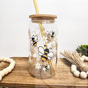 Honey Bee Glasses, Cute Bumble Bee Can Glass, Bees and Daisies, Honeycomb, Save the Bees, Gift for Friend, 16 oz Iced Coffee Glass with Lid