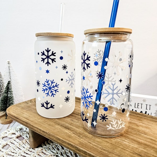 Snowflake Beer Can Glass Cup, Christmas Iced Coffee Glass Cup with Lid, Seasonal Mug, Winter Holiday Glass, Christmas Gift for Coffee Lover