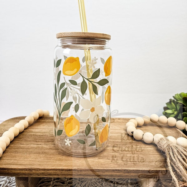 Floral Lemon Iced Coffee Glass, Fruit Design Cups, Lemonade Glass, 16 oz Beer Can Glass, Boho Flower, Cute Aesthetic Glassware, Gift for Her