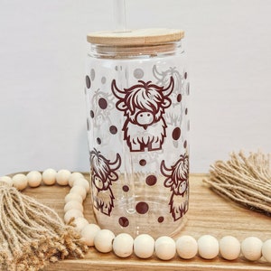 Highland Cow Glass Tumbler, Cute Cow Glass Can Cups, Country Western Cow Mug, 16oz Iced Coffee Beer Can Glass, Gift for Cow Lover, Brown Cow